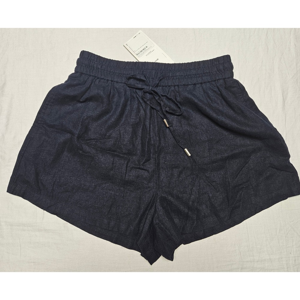 Zara Linen‎ Blend Shorts Womens Size S Navy Blue Drawstring Elastic Waist NWT